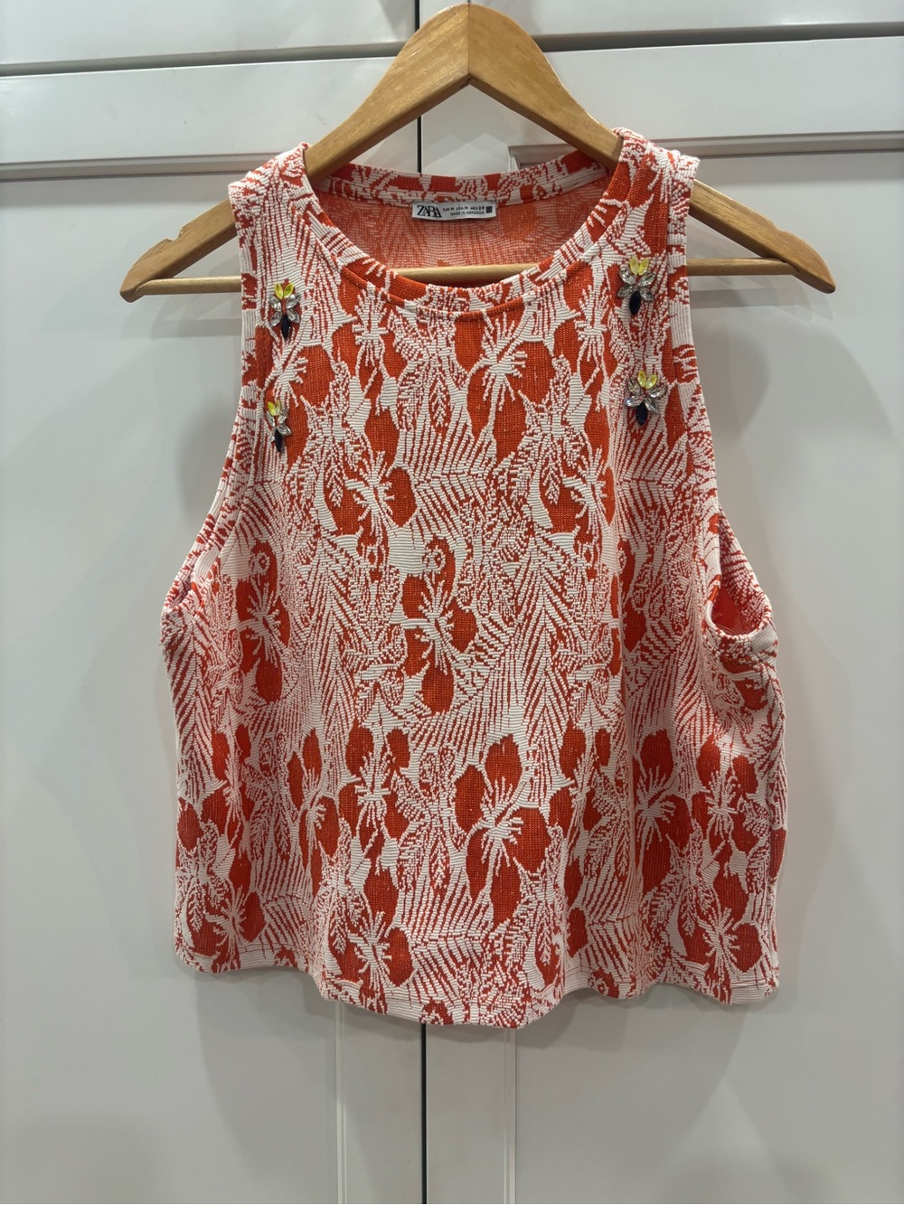 Zara Coral and White Floral Tank with Embroidered Accents